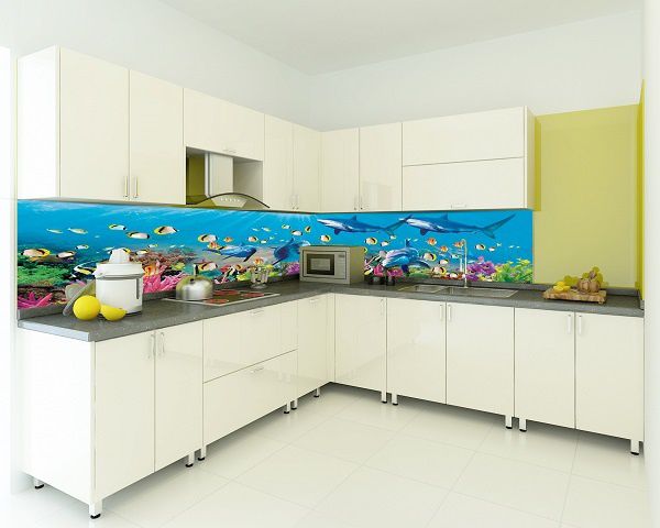 Nhà bếp sử dụng mẫu gạch 3D mang đến cả đại dương trong căn bếp